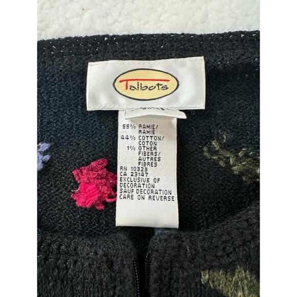 Talbots Sweater Size Small Black Floral Embroidery Grandma Artsy Full Zip - Picture 9 of 14
